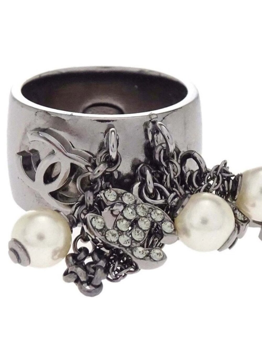 Chanel Ring Silver Rhinestone Artificial Pearl Fringe #53 10A 167864